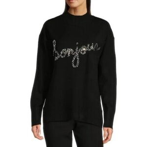 Karl Lagerfeld Black Sequin Bonjour Sweater Mock Neck Long Sleeve Womens Size M